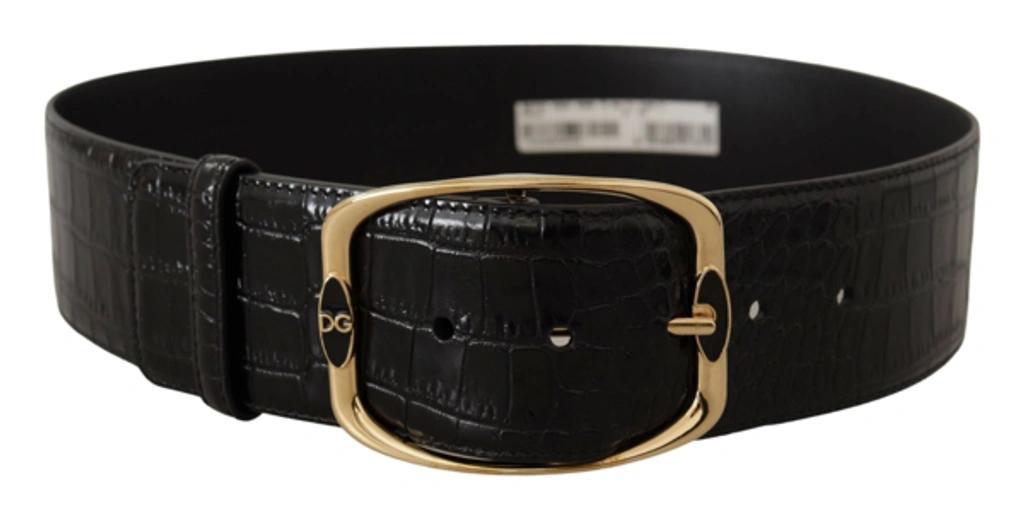 DOLCE & GABBANA Black Crocodile Print Gold Metal Dg Logo Buckle Belt Product Image