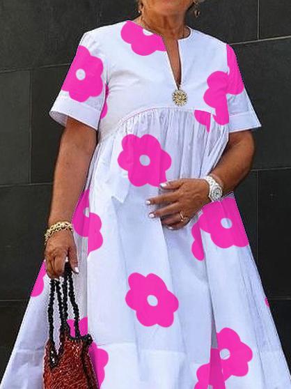 A-Line Loose Flower Print Pleated Split-Joint Round-Neck Midi Dresses Product Image