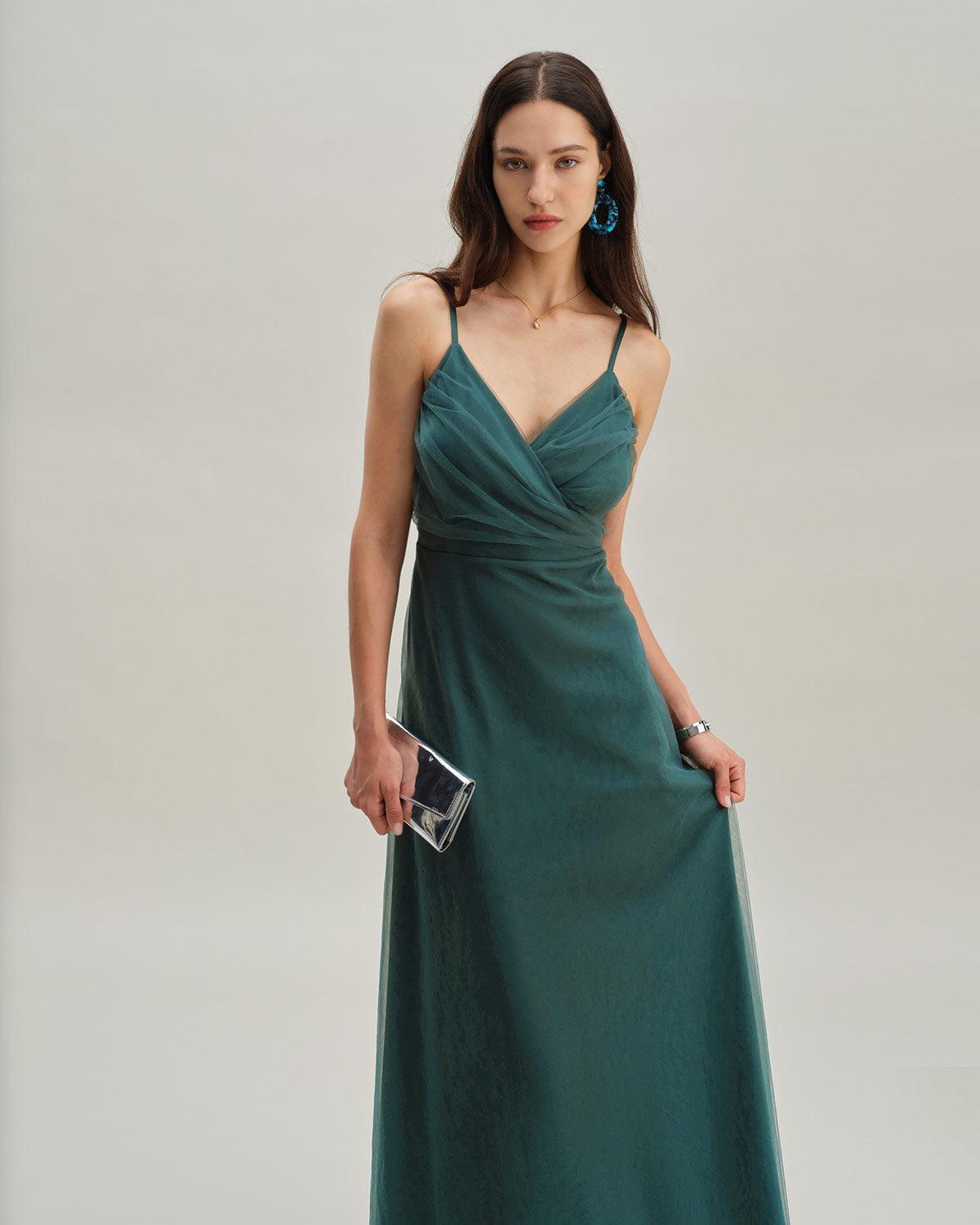 Green Mesh Wrap Slip Maxi Dress Product Image