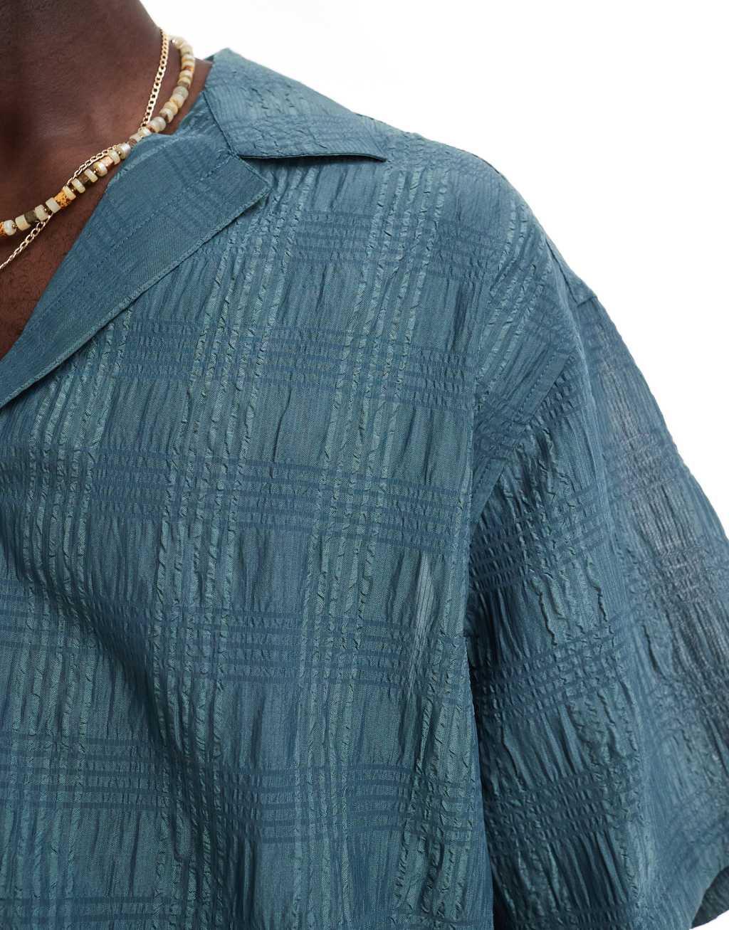 ASOS DESIGN oversized camp collar overhead shirt in blue seersucker Product Image