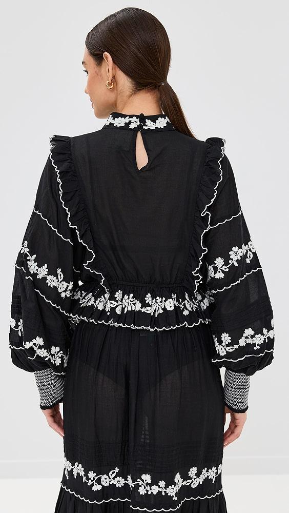 FARM Rio Black Embroidered Ruffle Longe Sleeve Blouse | Shopbop Product Image