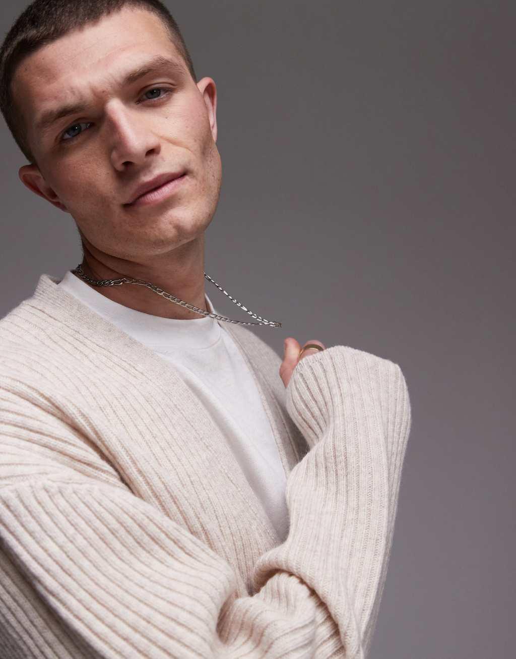 Topman premium lambs wool ribbed cardigan in stone Product Image