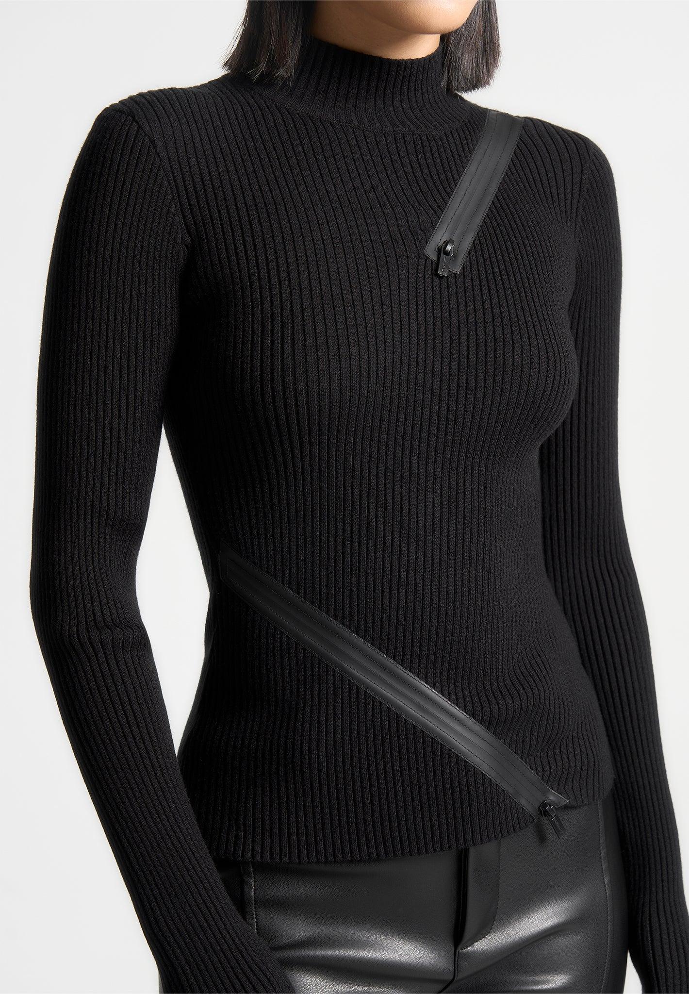 Zip Detail Ribbed High Neck Top - Black Female Product Image