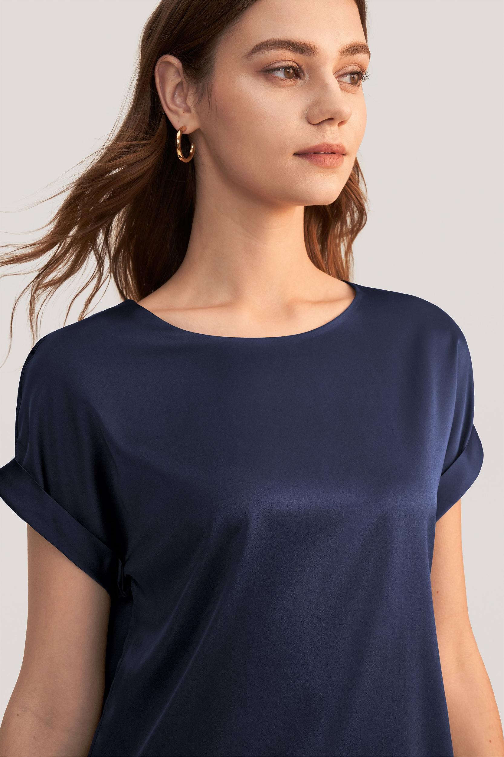 LILYSILK Women Silk Tee Shirts Black Quality Stretchy Silk Soft Classic Round Neck Rolled Cuffs Silk Top XS Product Image