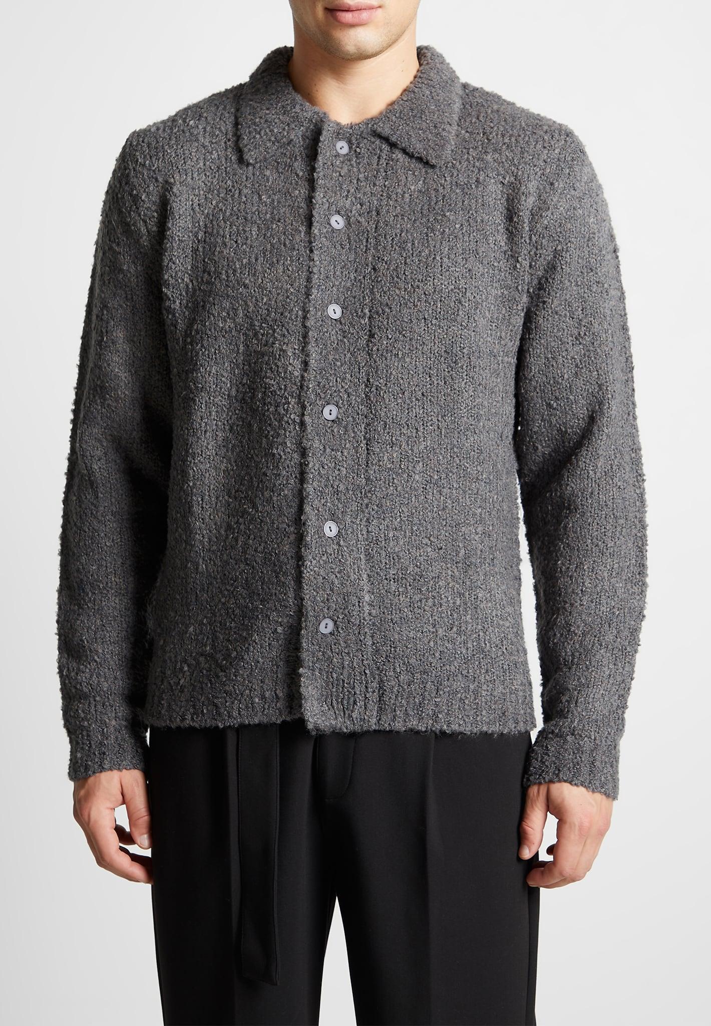 Boucle Knit Button Up Cardigan - Grey Male Product Image