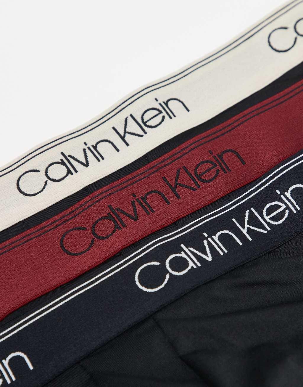 Calvin Klein Microfiber Stretch 3 pack low rise trunk with colored waistband in black Product Image