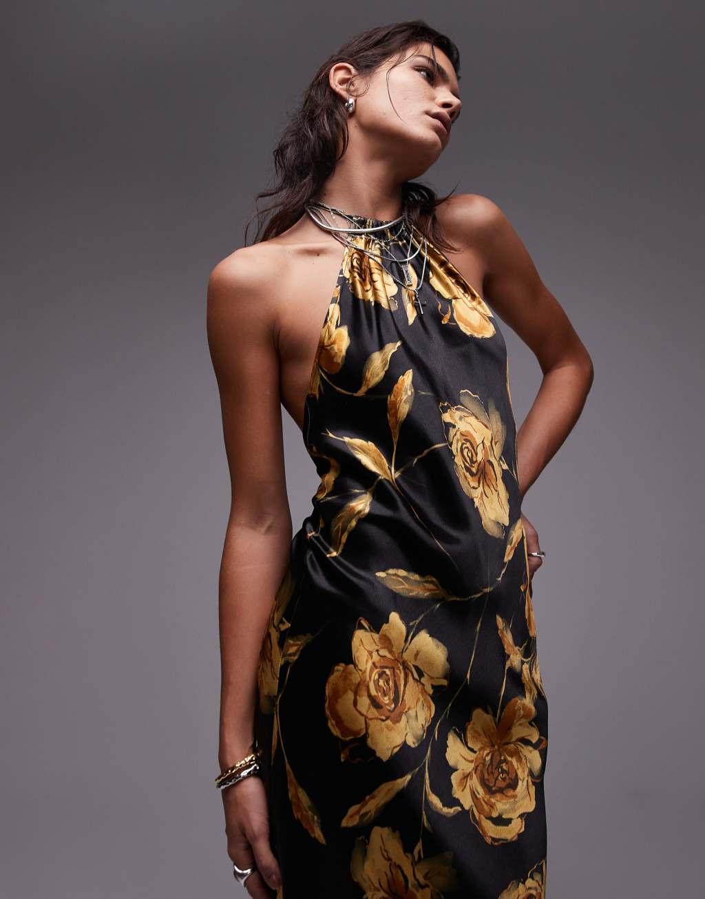 Topshop halter neck maxi bias in print in black and gold rose Product Image