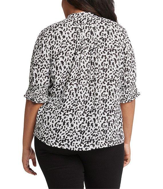 NYDJ Plus Size Printed Pleated 3/4 Smocked Cuff Sleeve Half-Button Front Blouse Product Image