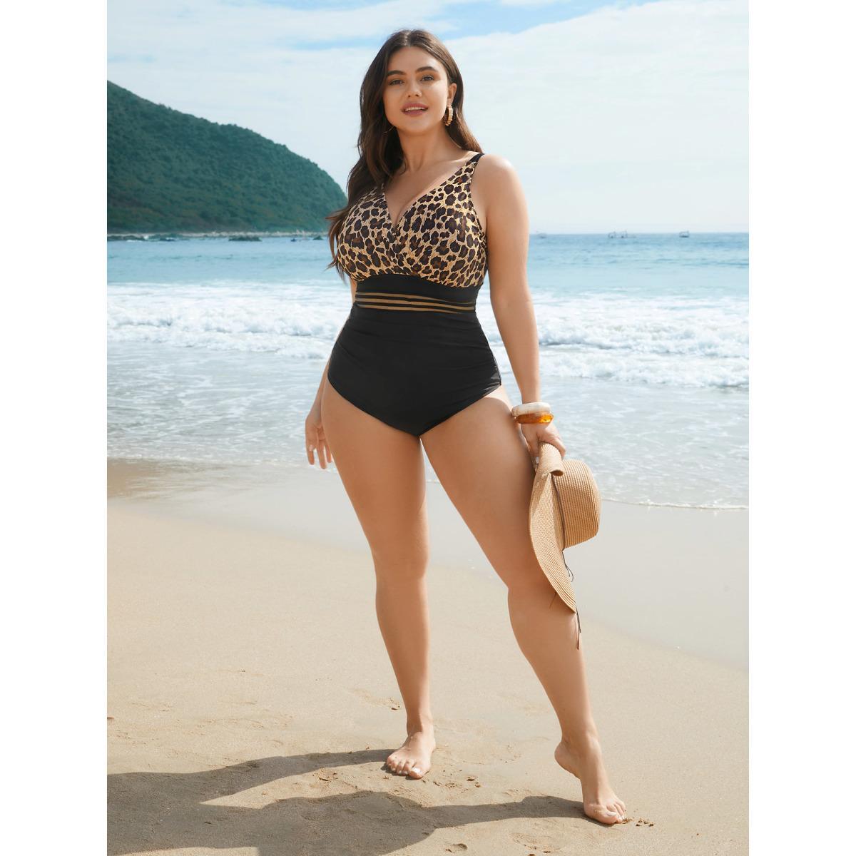 Plus Size Leopard Print Sheer Spliced Surplice Neck One-Piece Swimsuit Women's Swimwear Leopard Beach Gathered Curve Bathing Suits High stretch One Pieces BloomChic 22-24/3X Product Image