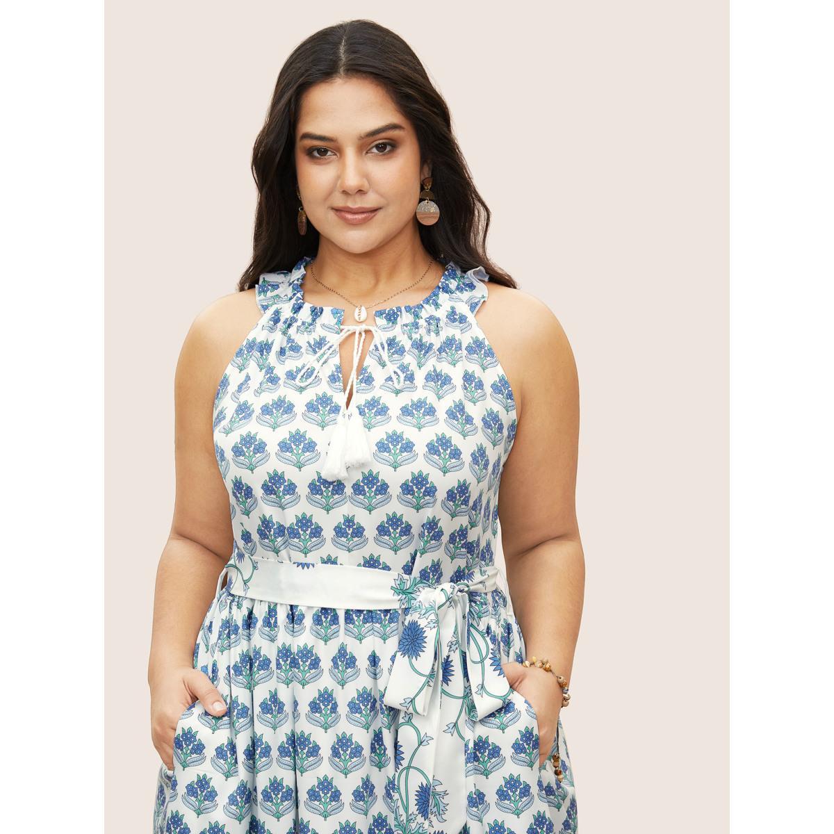 Plus Size Boho Print Notched Collar Tassel Sleeveless Dress Blue Women Resort Tie knot Notched collar Sleeveless Curvy Midi Dress BloomChic 28/5X Product Image