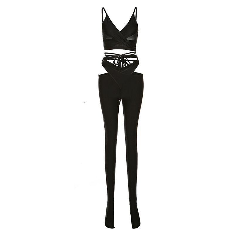 Set: Sleeveless V-Neck Plain Crop Top + High Waist Cut Out Slim Fit Pants Product Image