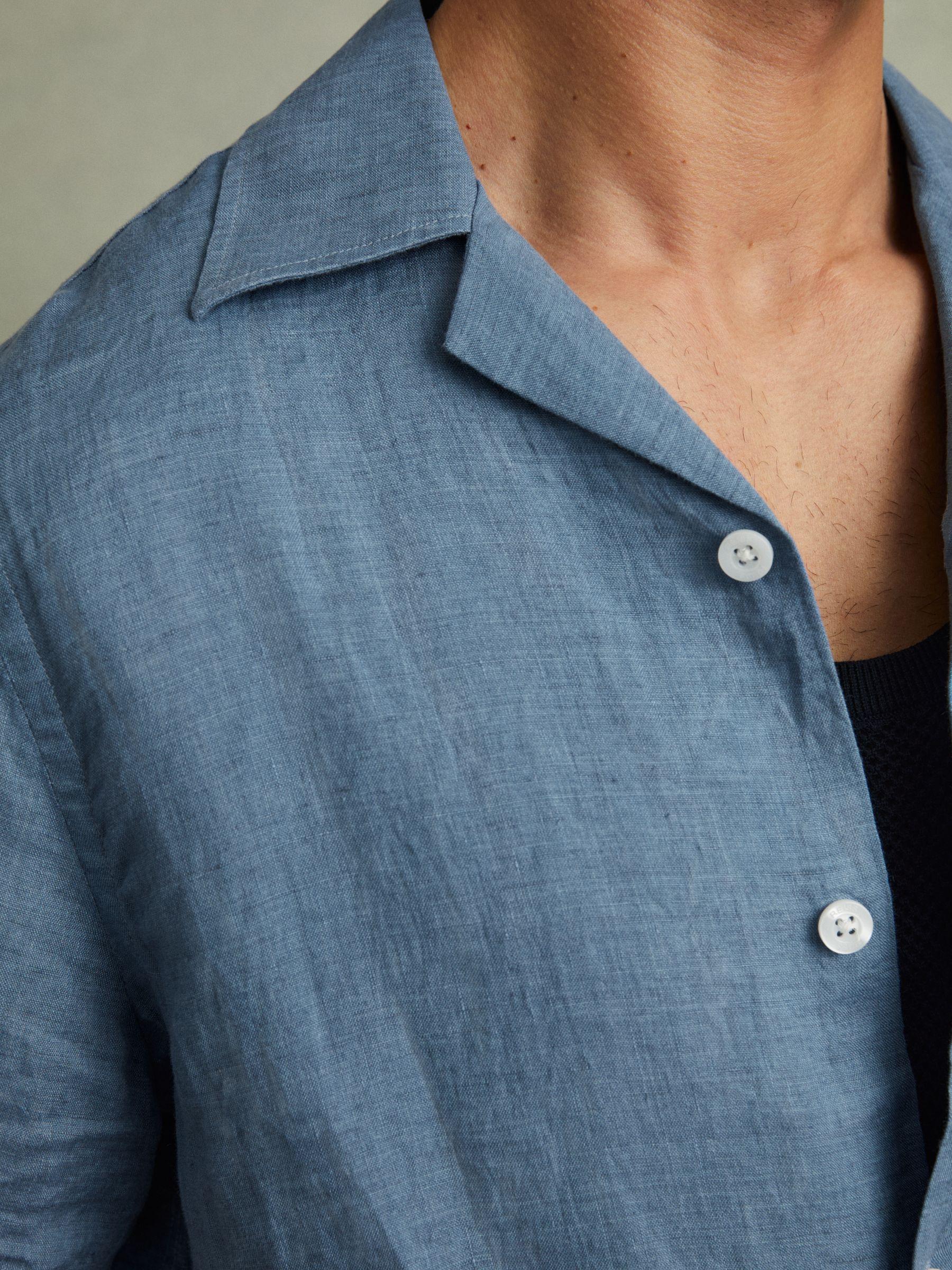 Relaxed Linen Cuban Collar Shirt in Denim Blue Product Image