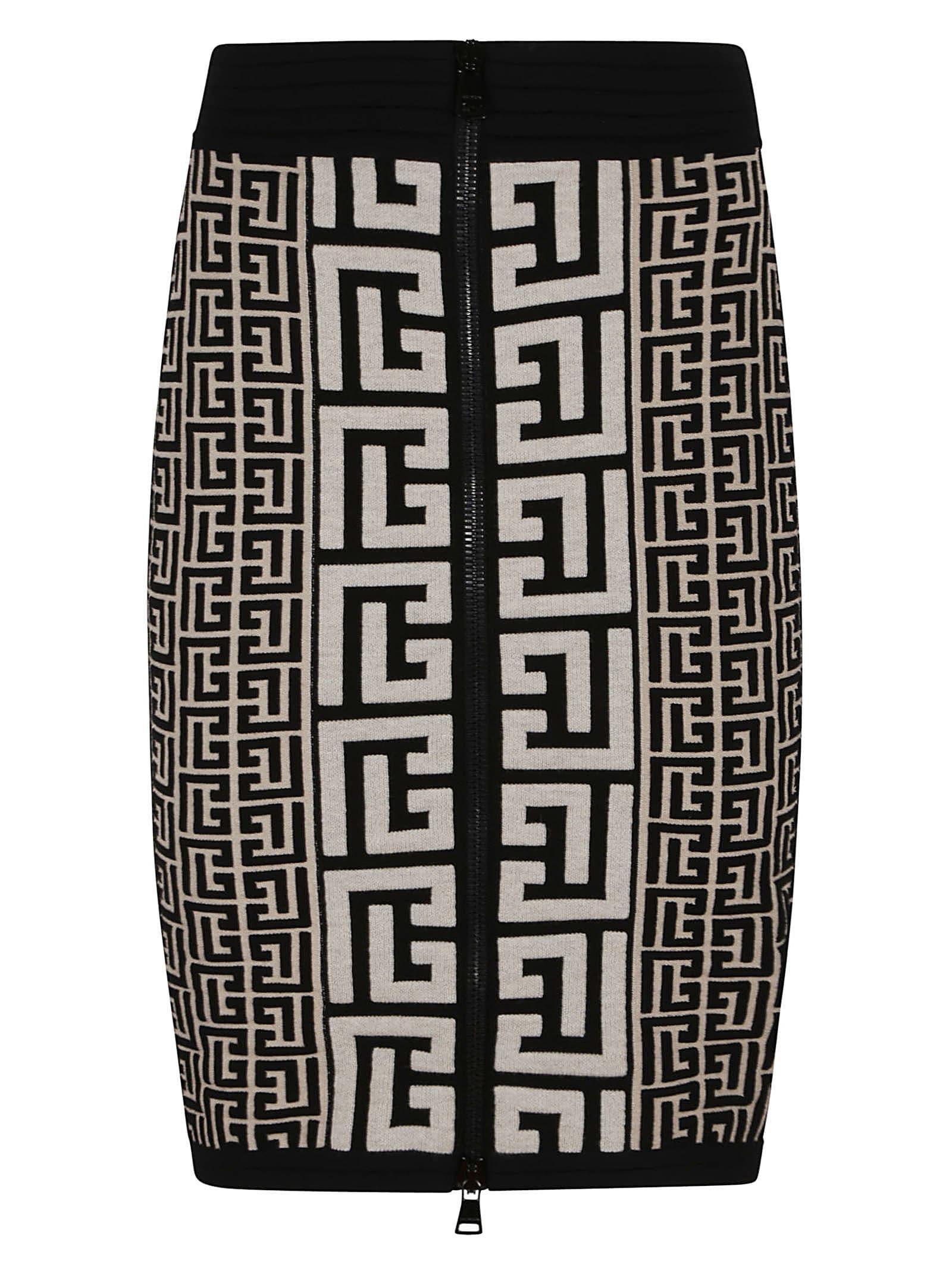 BALMAIN Monogram Wool And Viscose Blend Skirt In Ivory Black Product Image