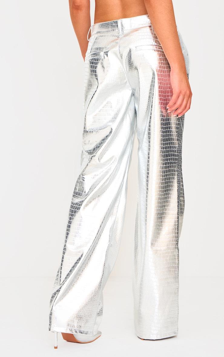 Silver Metallic Crocodile Faux Leather Pants Product Image