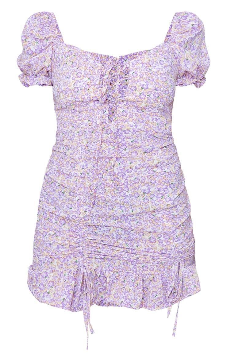 Lilac Ditsy Floral Print Ruched Puff Sleeve Bodycon Dress Product Image