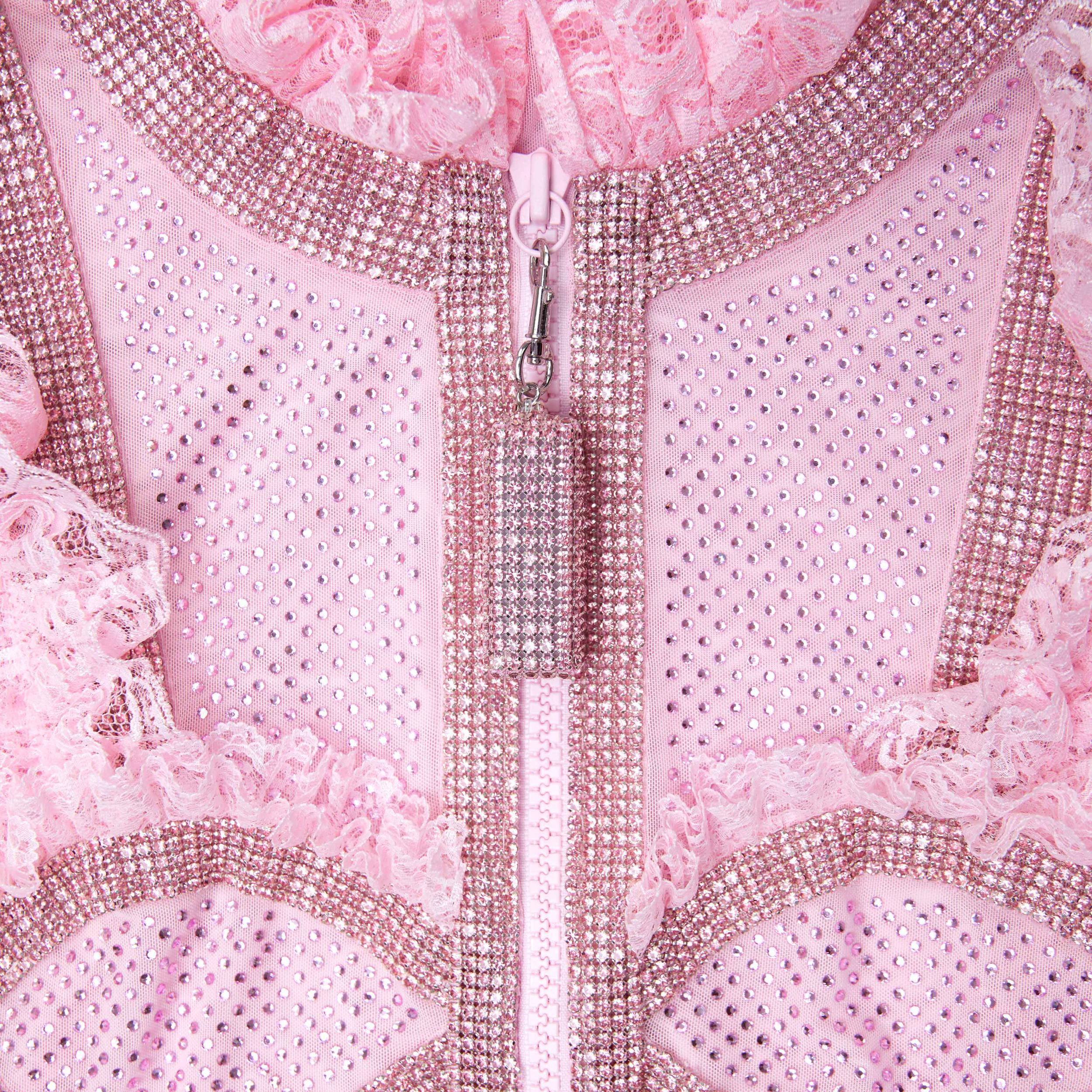 Pink Rhinestone Mesh Ruffle Bodysuit Product Image