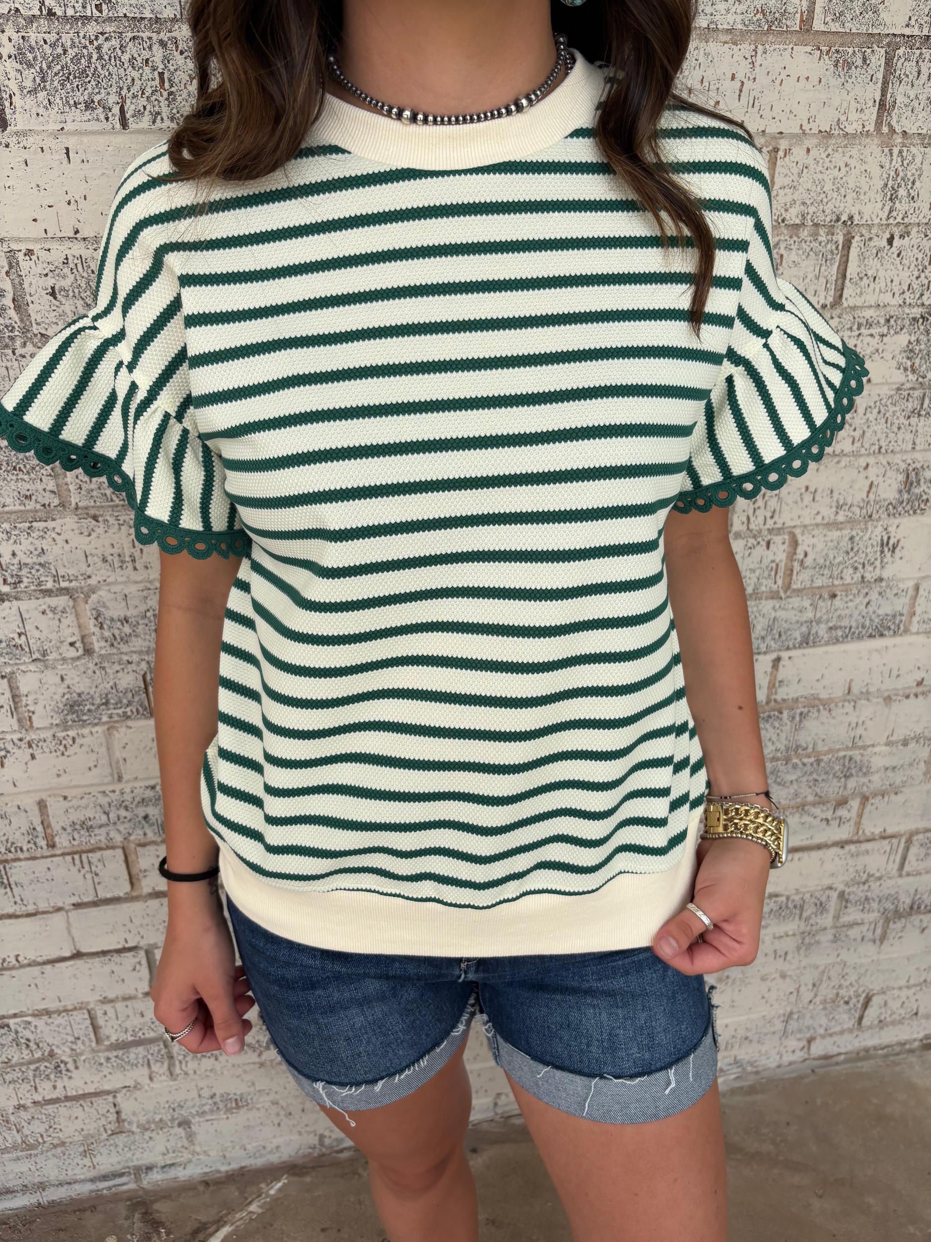 Green Stripe Scallop Lace Trim Ruffle Crewneck Top Product Image