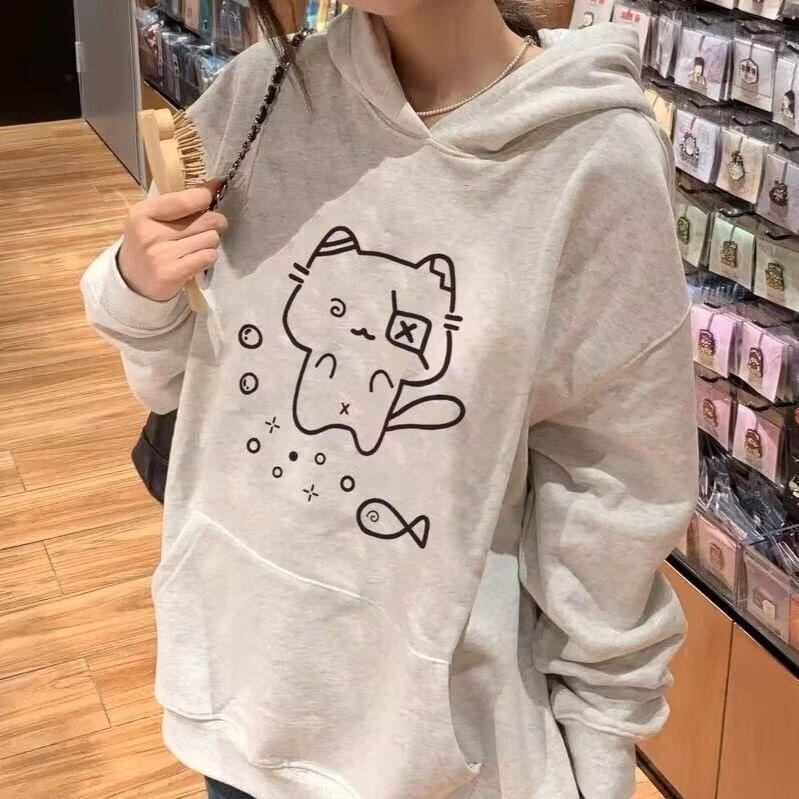 Cat Print Loose Fit Hoodie Product Image