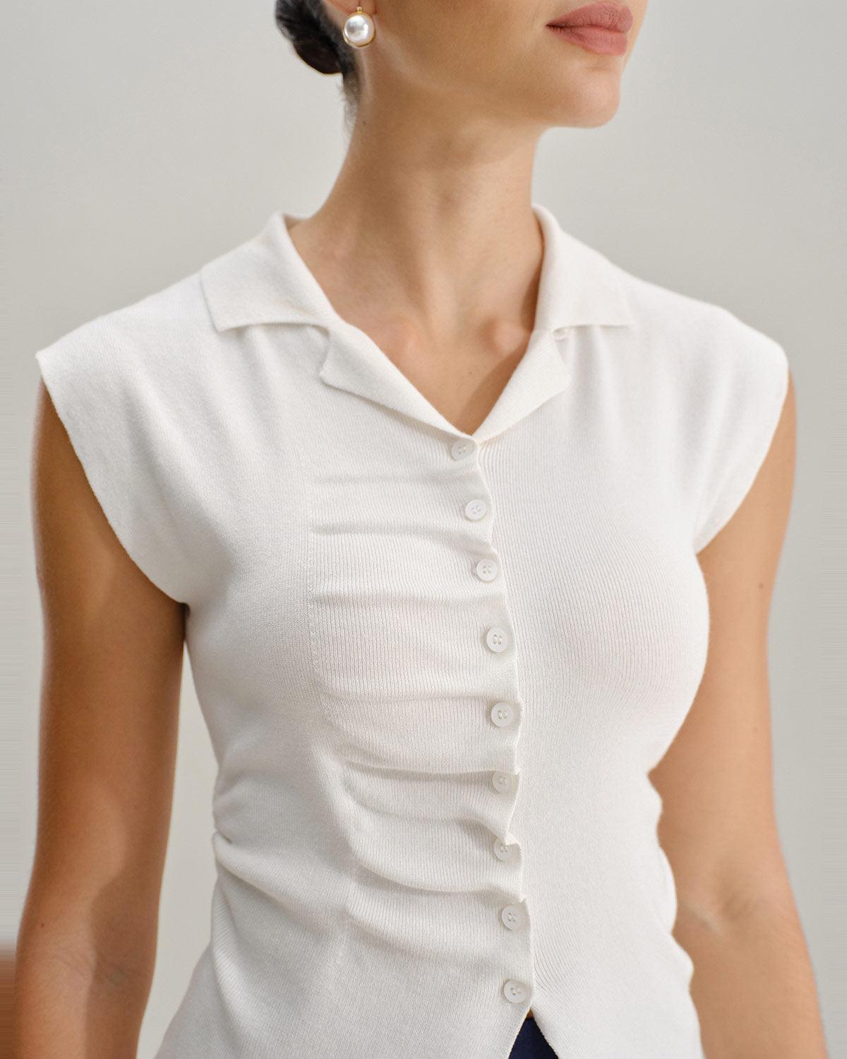 White Ruched Single Breasted Cardigan Product Image