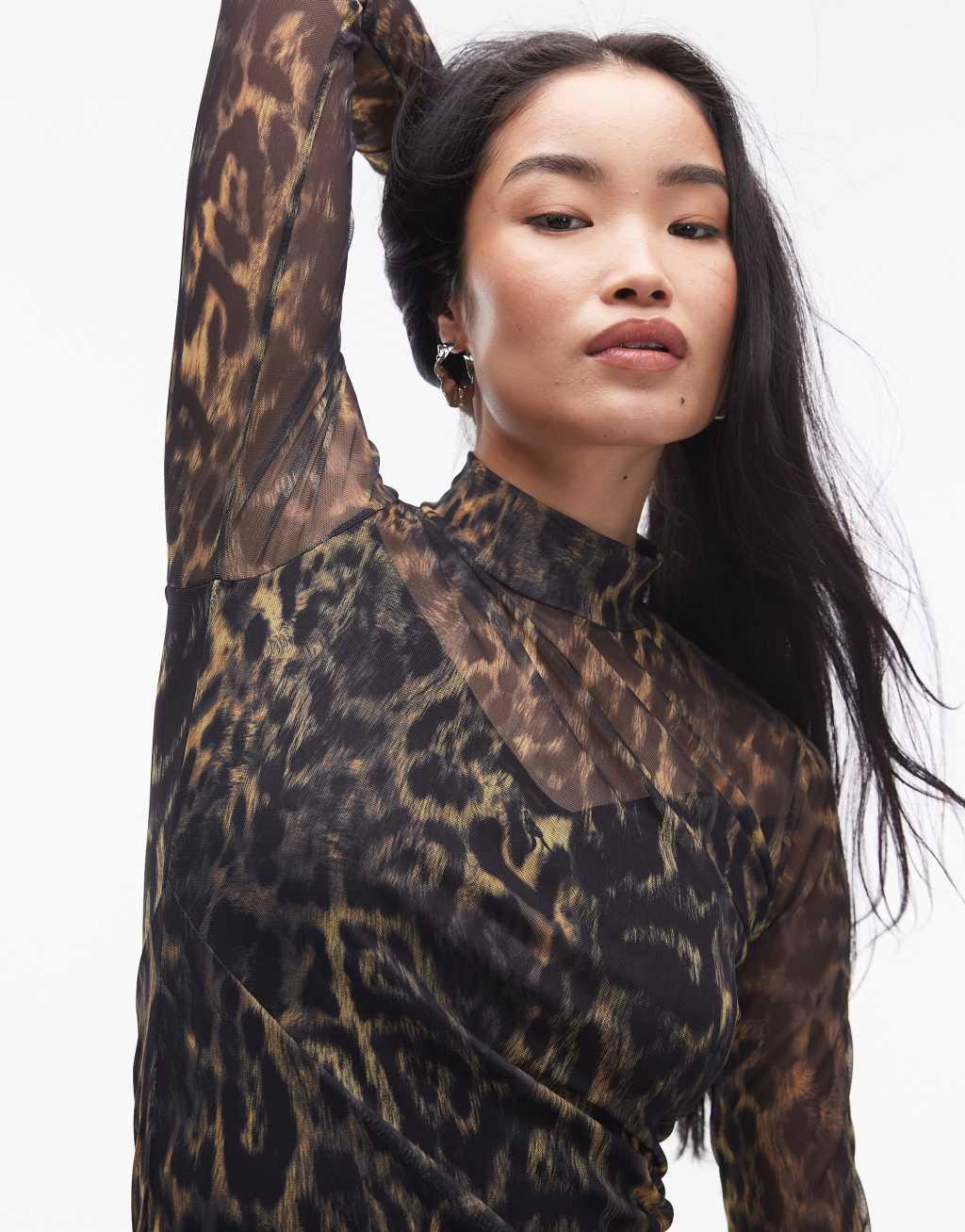 AllSaints Hanna mesh midi dress in leopard print Product Image