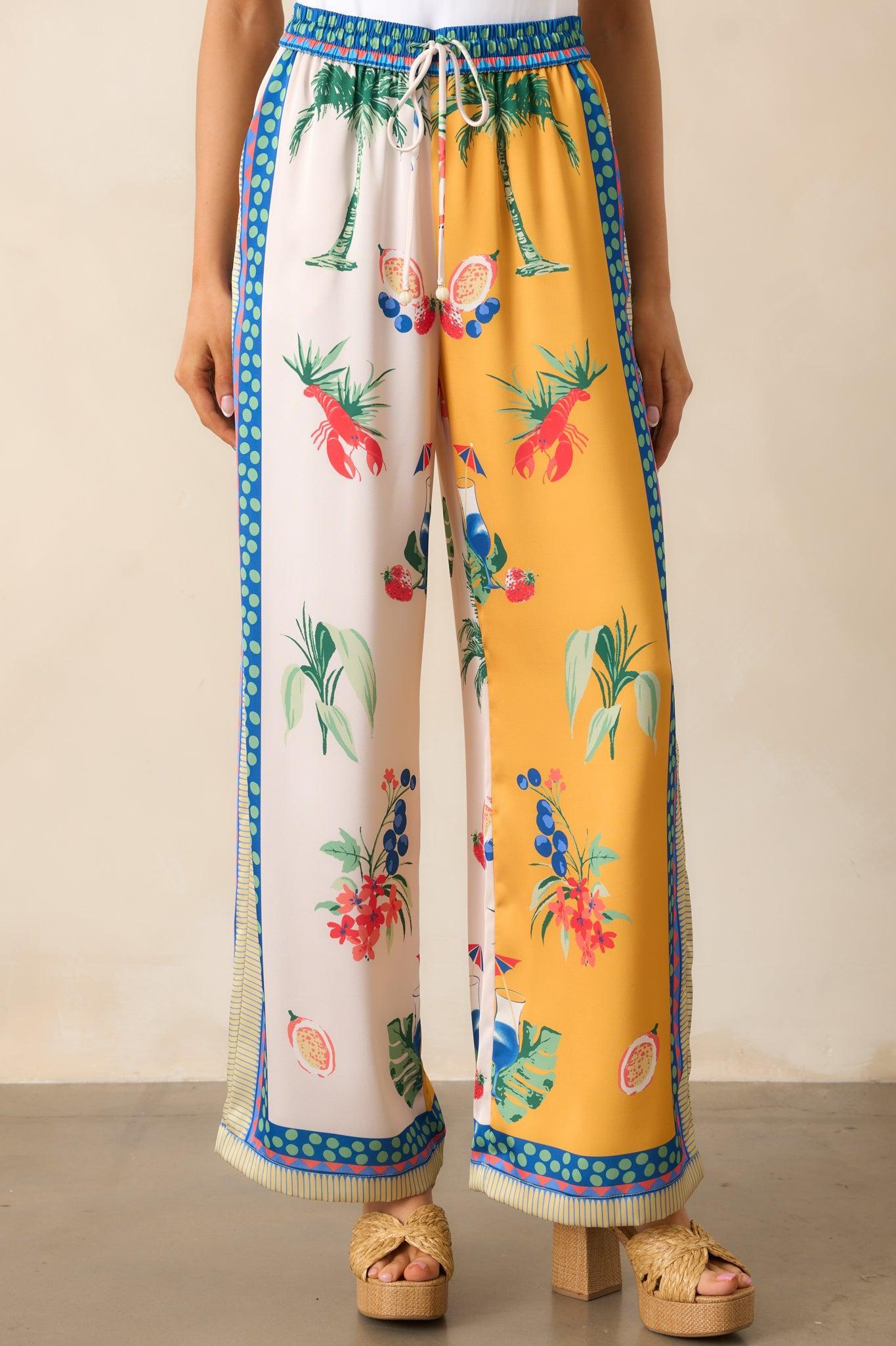 Breathing Deep Yellow Colorblock Coastal Print Drawstring Pants Product Image