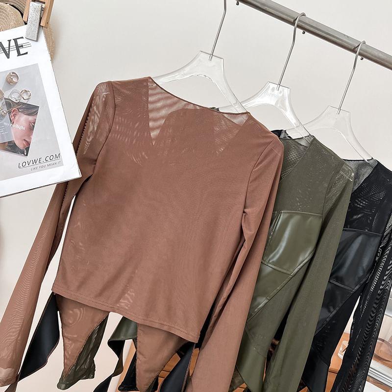 Long-Sleeve Plain Faux Leather Panel Asymmetrical Mesh Top Product Image