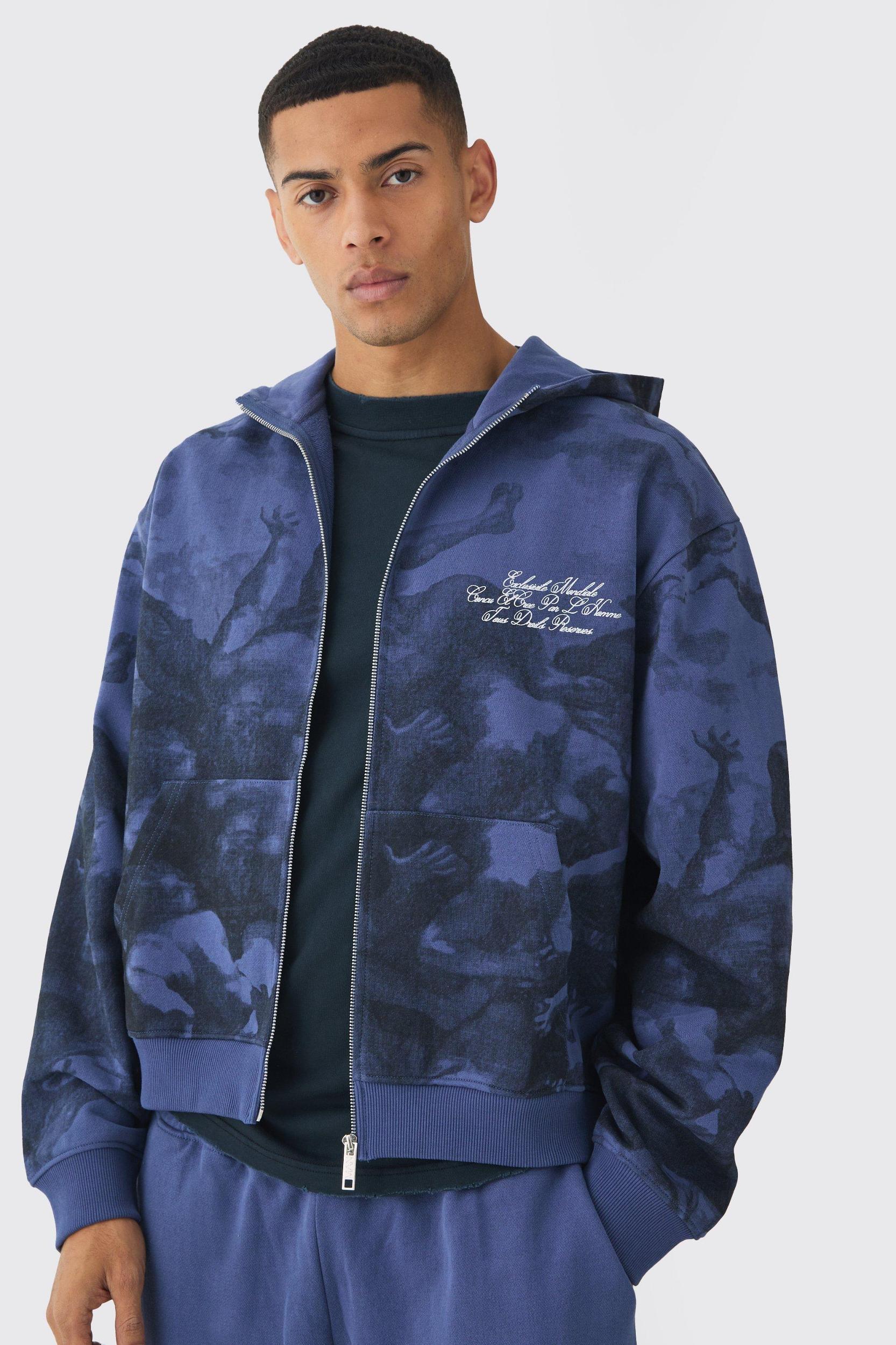 Oversized Boxy Zip Through Renaissance Print Hooded Tracksuit | boohooMAN USA Product Image