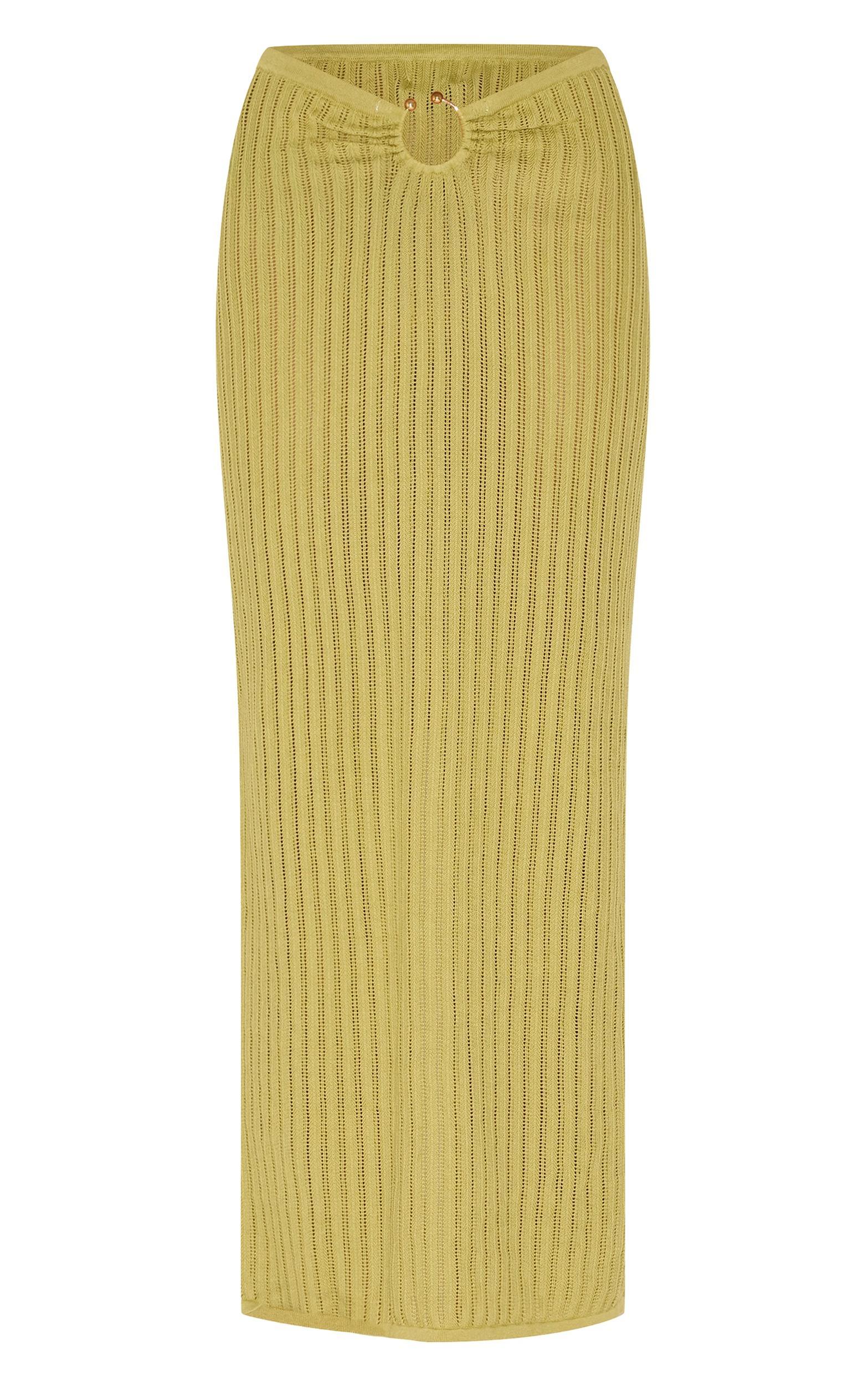 Olive Pointelle Knit Trim Split Maxi Skirt Product Image