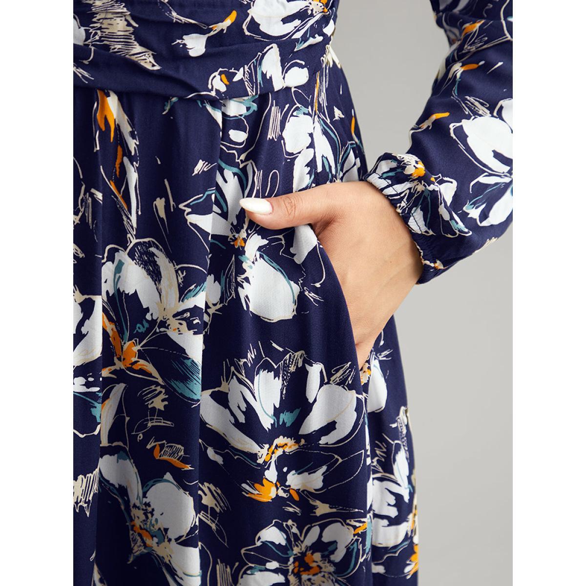 Plus Size Floral Print Ruched Plicated Detail Dress DarkBlue Women Elegant Elastic cuffs V-neck Long Sleeve Curvy Midi Dress BloomChic 18-20/2X Product Image