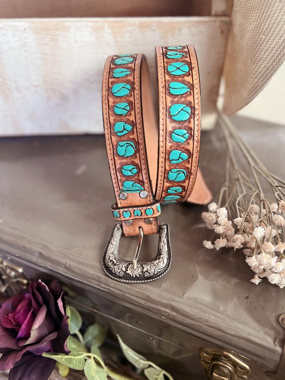 American Darling Hand Painted Turquoise Stones Leather Belt Product Image