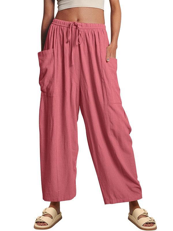 High Waisted Loose Drawstring Elasticity Pleated Pockets Solid Color Ninth Pants Trousers Product Image
