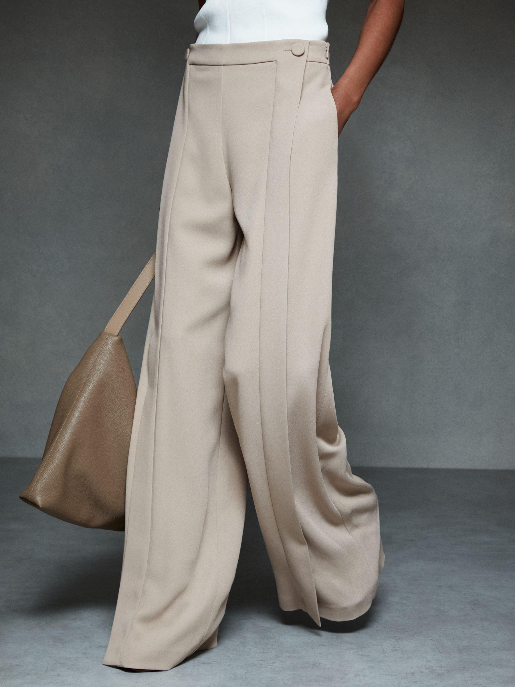 Button-Front Wide Leg Trousers in Stone Product Image