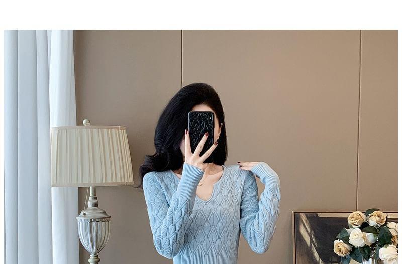 Long-Sleeve Notch Neck Plain Knit Mermaid Dress Product Image