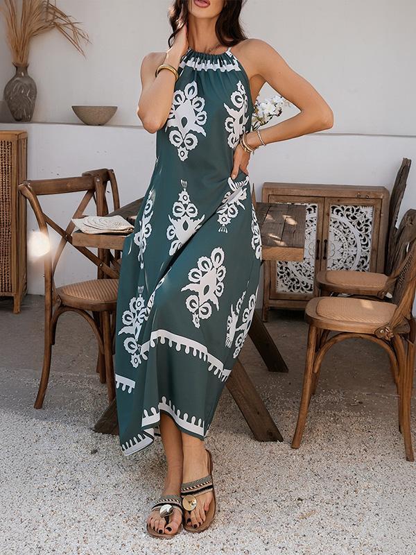 A-Line Loose Contrast Color Halter-Neck Maxi Dresses Product Image
