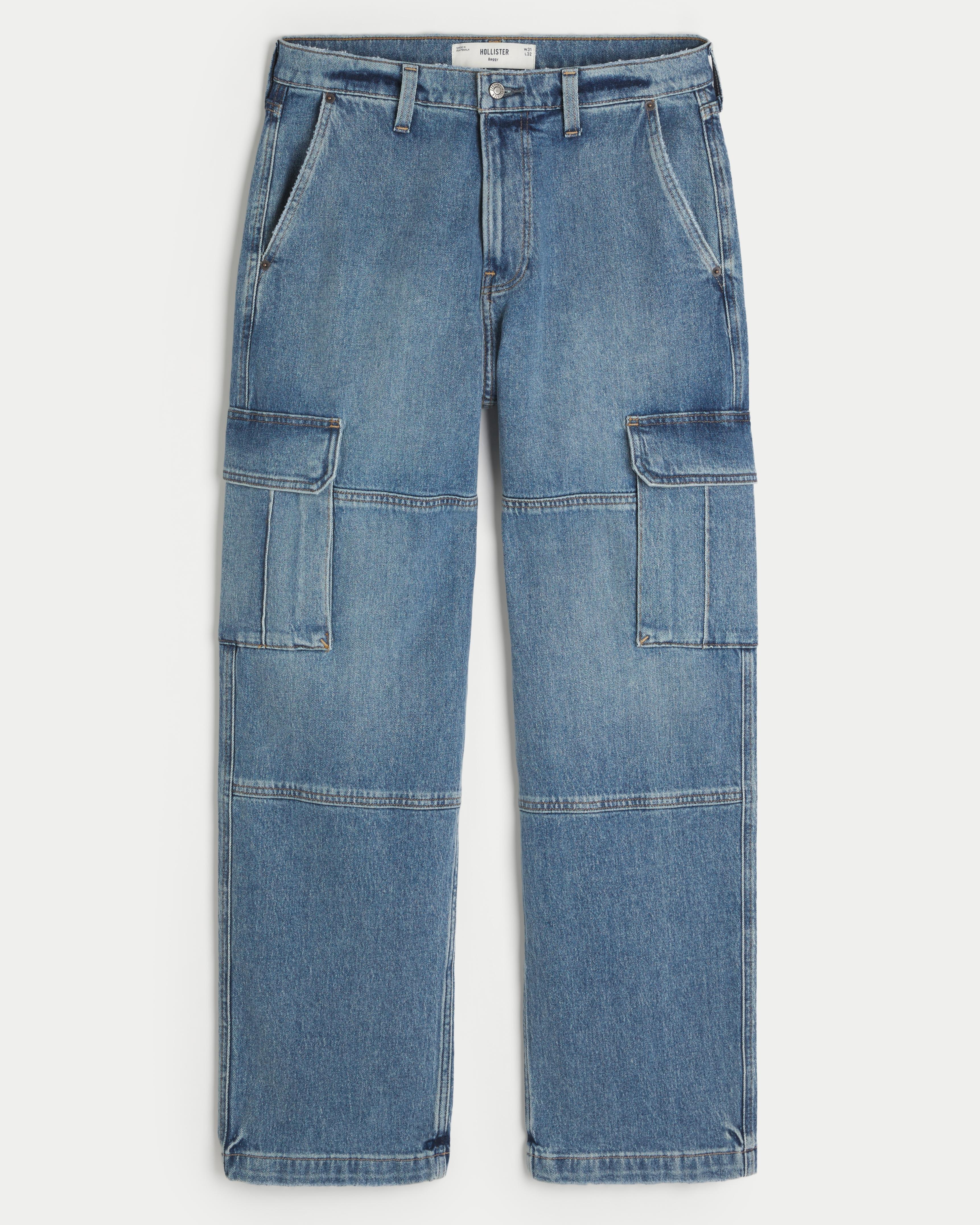 Medium Wash Baggy Cargo Jeans Product Image