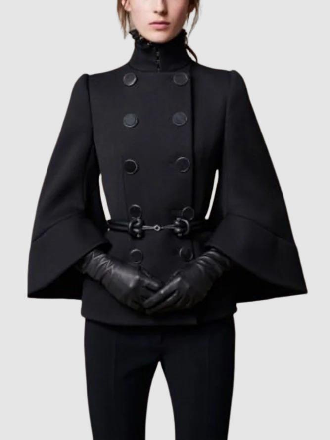 Flared Buttoned Solid Color High Neck Jackets&Coats Outerwear Woolen Coat Product Image