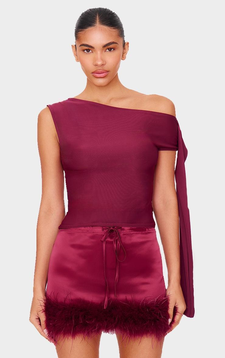 Burgundy Slinky Asymmetric Tie Detail Long Top Product Image