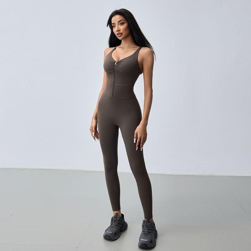 Sleeveless V-Neck Plain Ruched Zip Yoga Jumpsuit Product Image