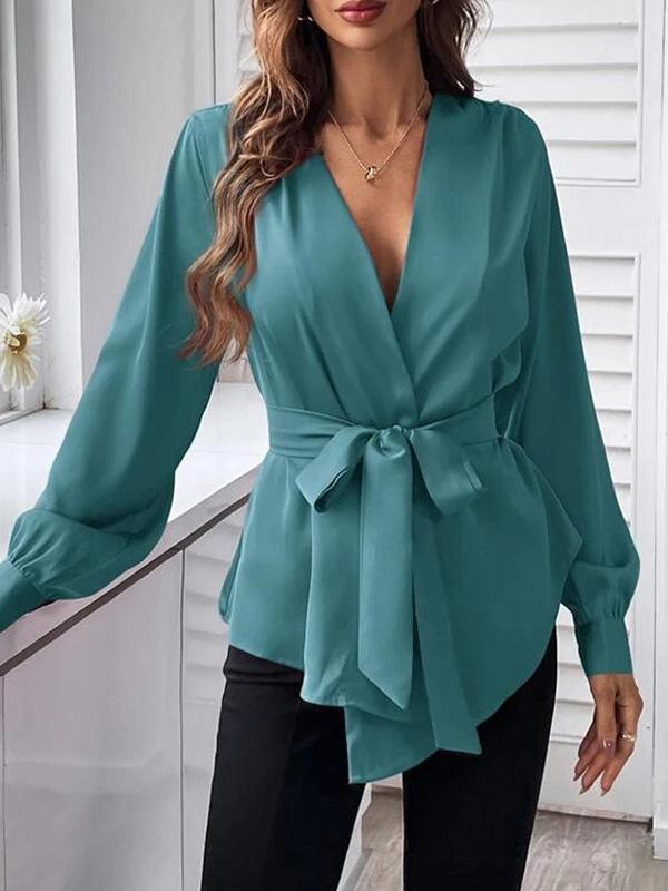 Loose Puff Sleeves Pleated Solid Color Split-Joint Tied Waist V-Neck Blouses&Shirts Tops Product Image