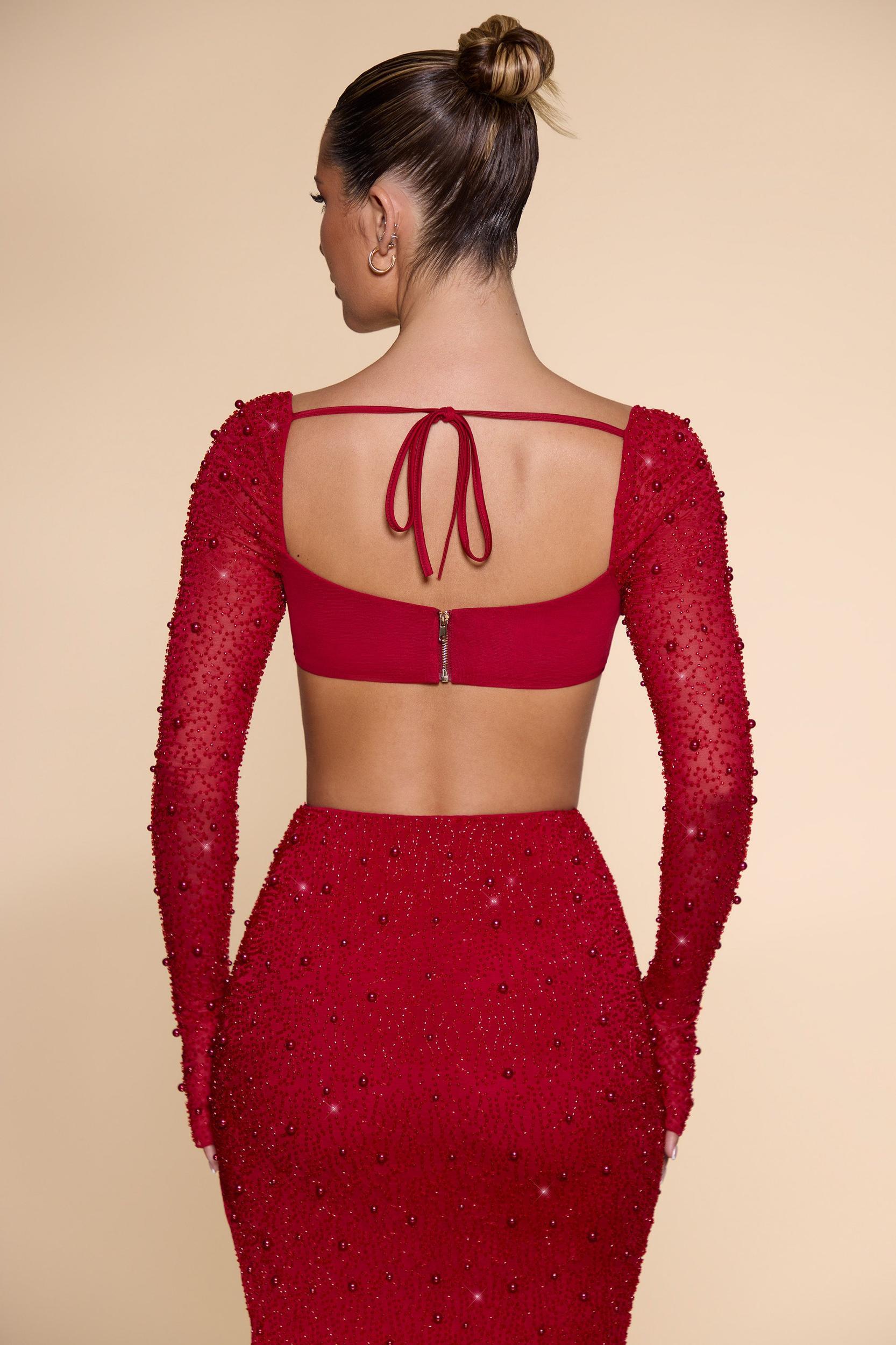 Embellished Cowl Neck Crop Top in Red Product Image