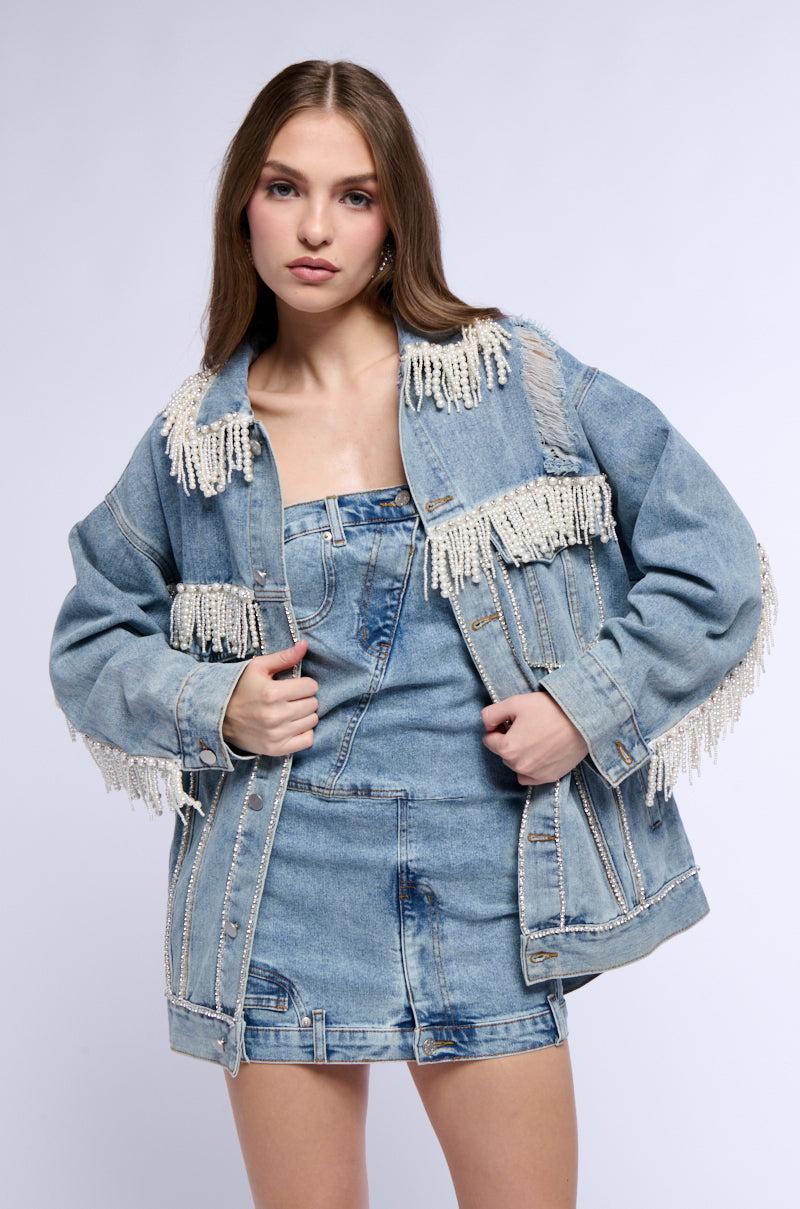 SHOW STOPPER PEARL EMBELLISHED DENIM JACKET Product Image