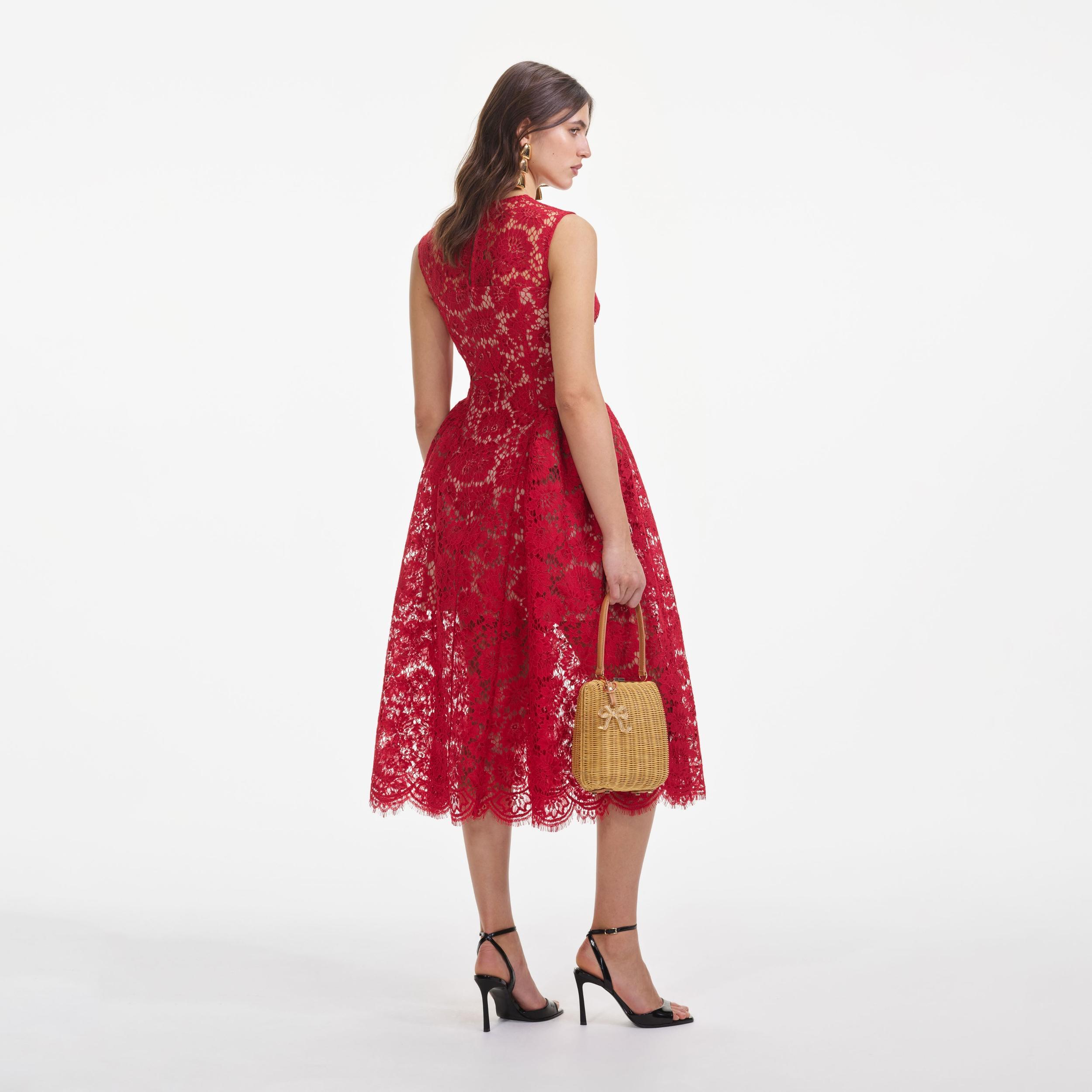 Red Fine Lace Midi Dress Product Image