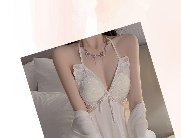 Halter Butterfly Patterned Nightdress / Plain Tie Front Robe Product Image