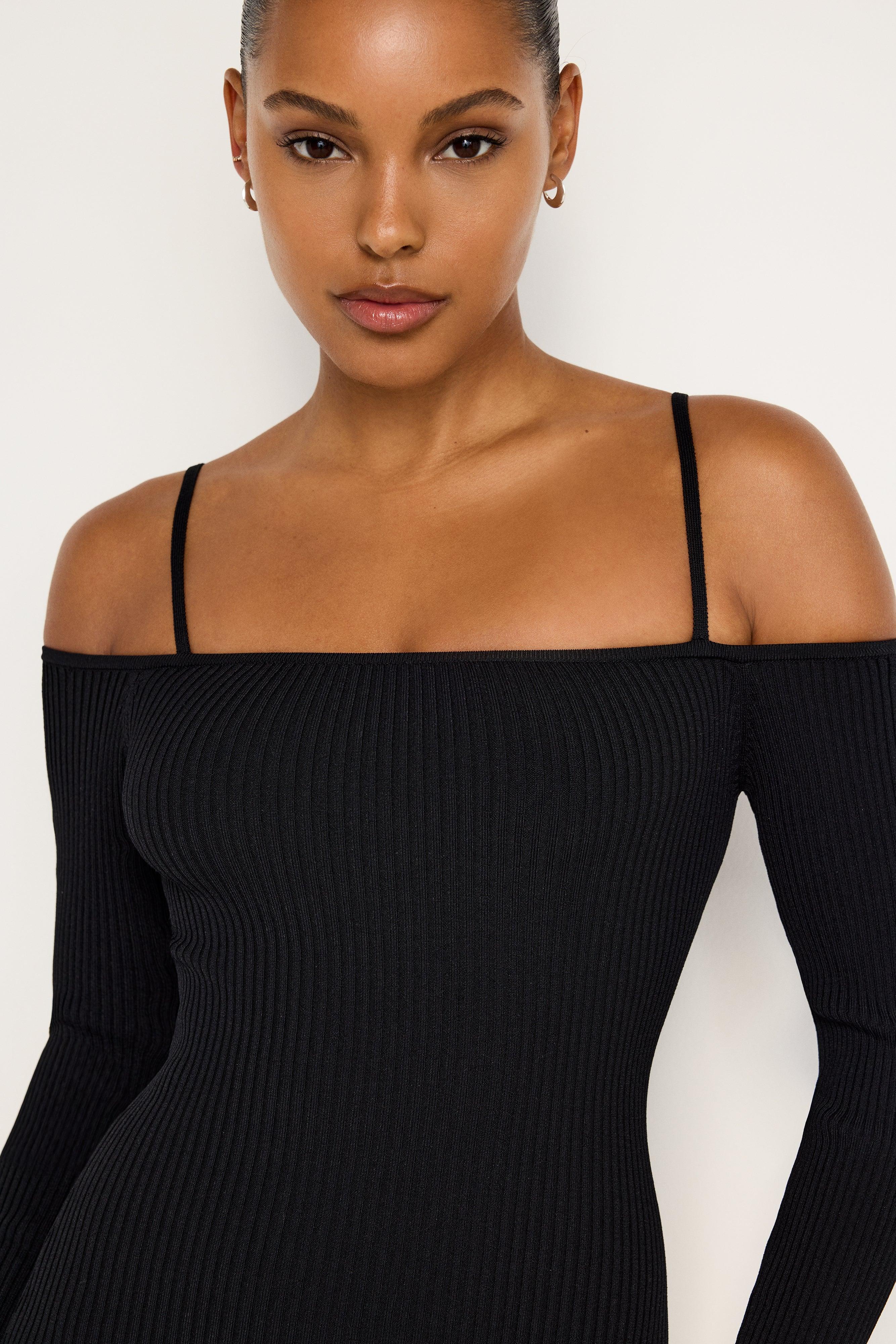 STRETCH RIB KNIT SHOULDER MINI DRESS | BLACK001 Product Image