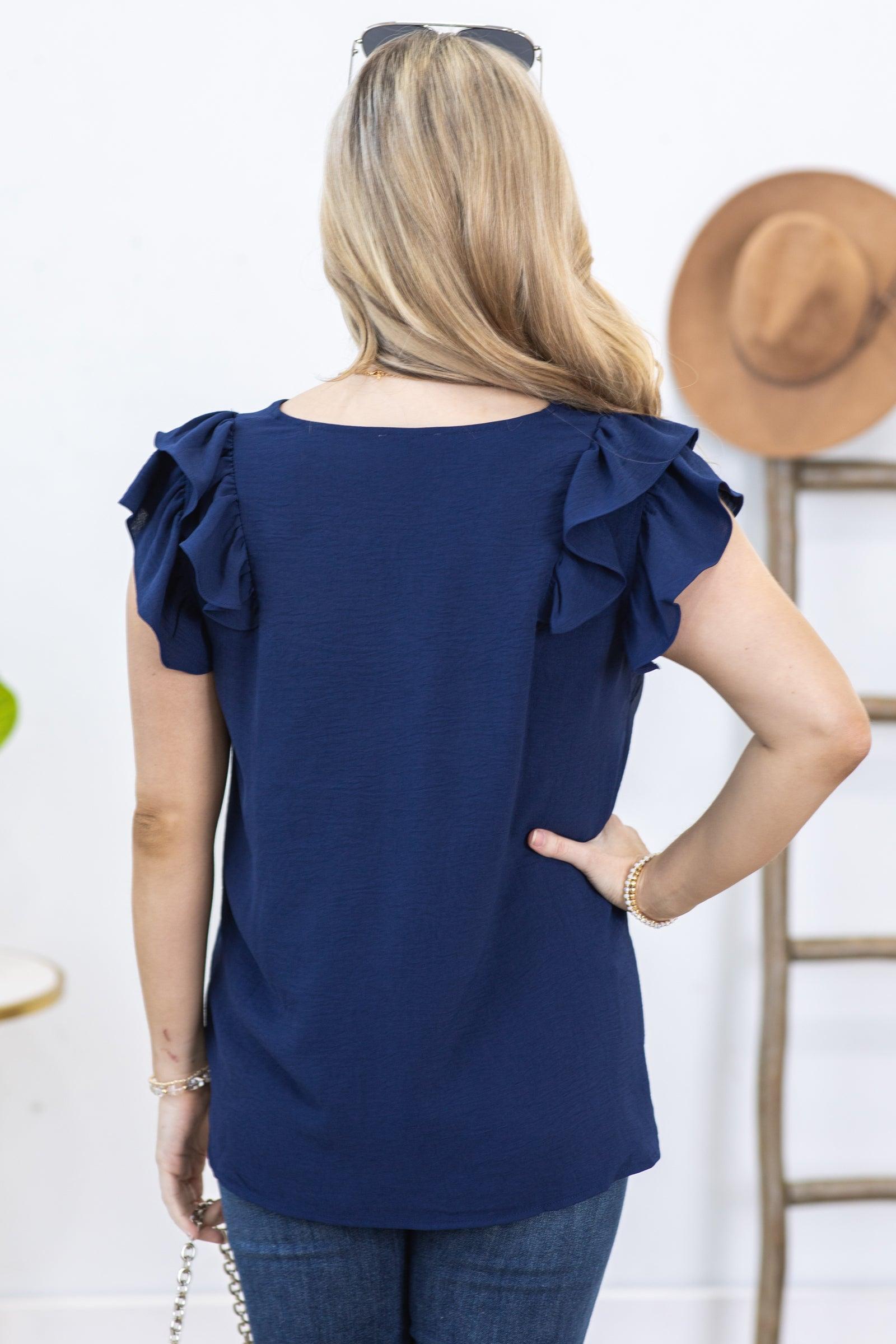 Navy V-Neck Airflow Ruffle Detail Top Product Image