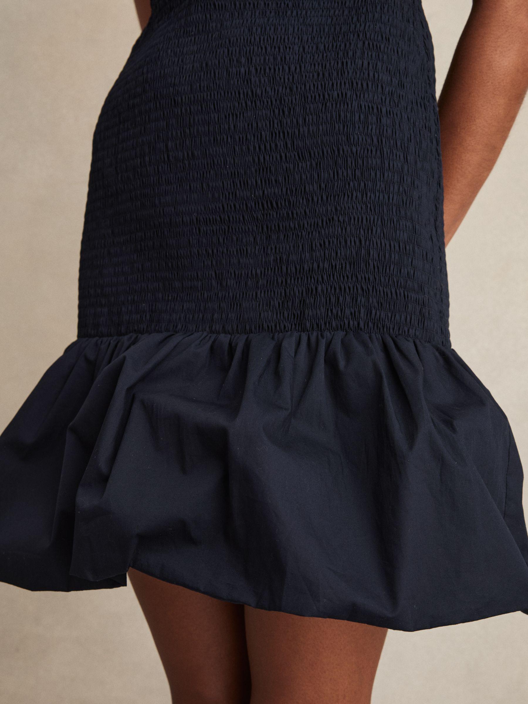 Cotton Shirred Bubble-Hem Mini Dress in Navy Product Image