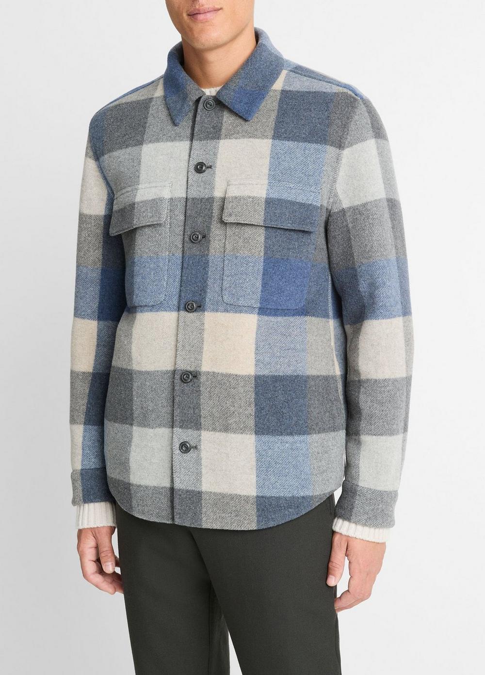 Mens Plaid Italian Splittable Wool-Blend Shirt Jacket, Beluga Blue/heather Charcoal, Size L Vince Product Image