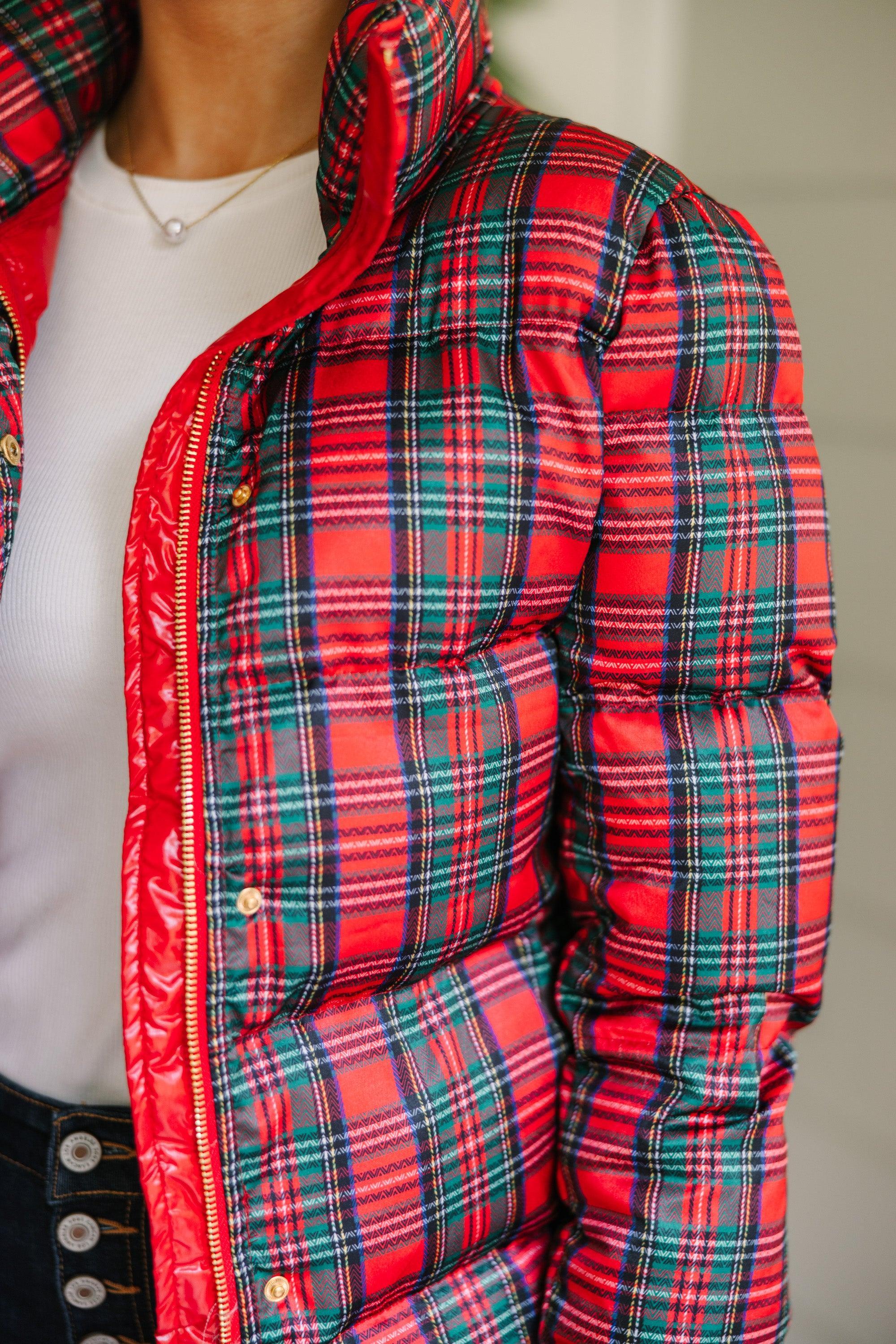 More The Merrier Red Tartan Plaid Puffer Jacket Female Product Image