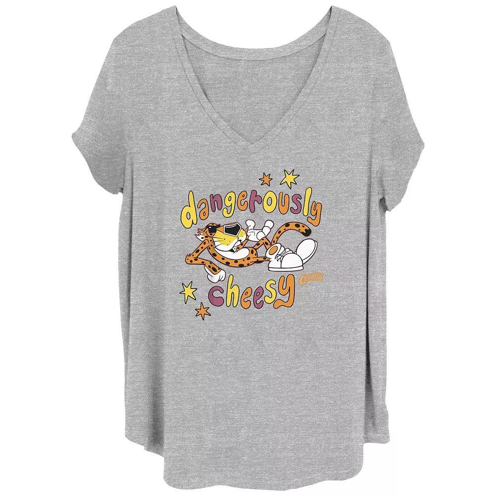 Juniors' Plus Size Cheetos Chester Cheetah Dangerously Cheesy V-Neck Graphic Tee, Girl's, Size: 1XL, Grey Grey Product Image