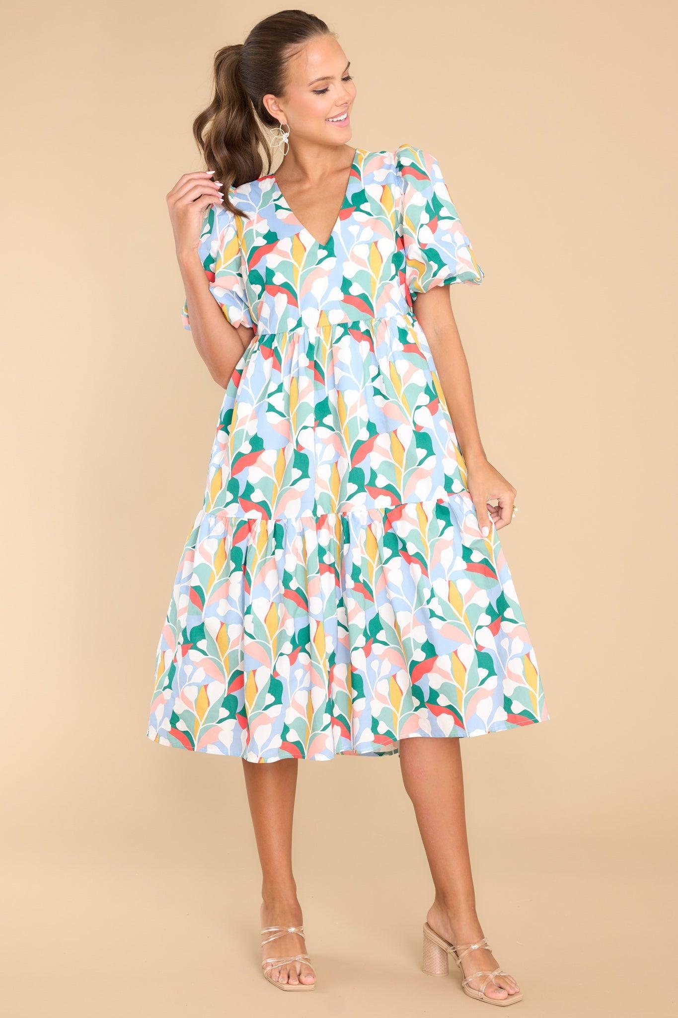 Aura Eyes In Paradise Sky Blue Multi Print Midi Dress Product Image